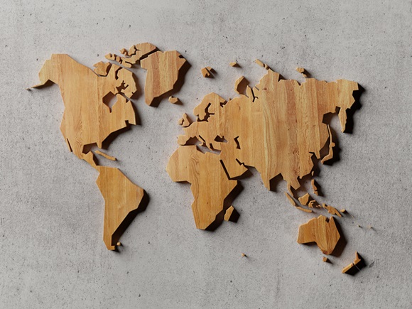 Wooden world map on concrete wall. 3D render. 3D illustration._1939365901