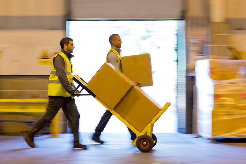 Workers carting boxes in warehouse_id2300627943