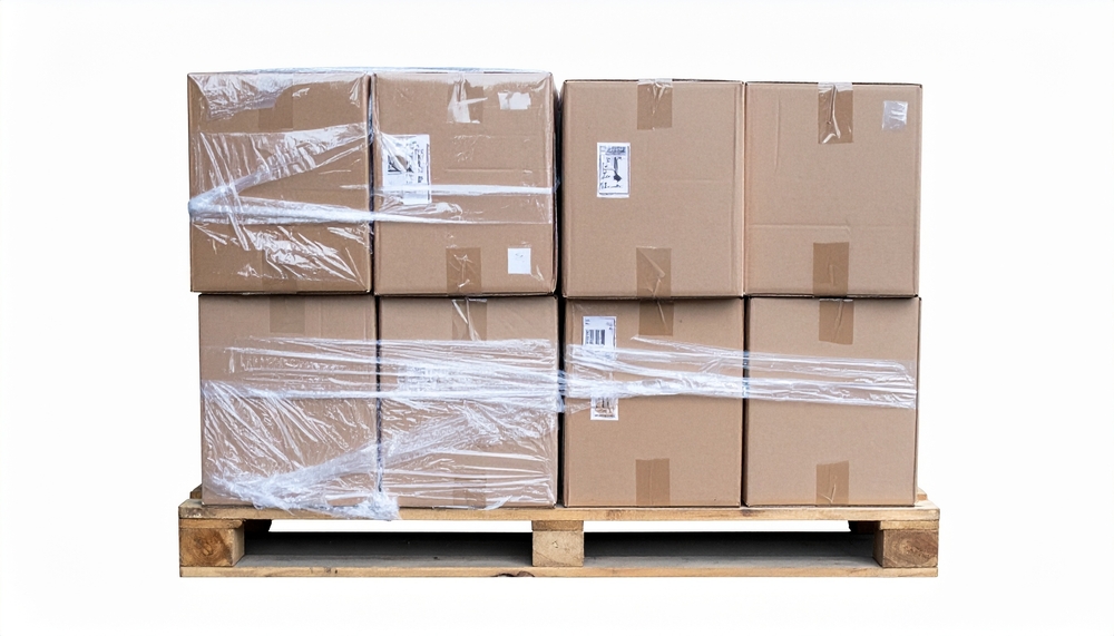 Cardboard boxes wrapped in plastic on wooden pallet . isolated on a white background_id2669355783