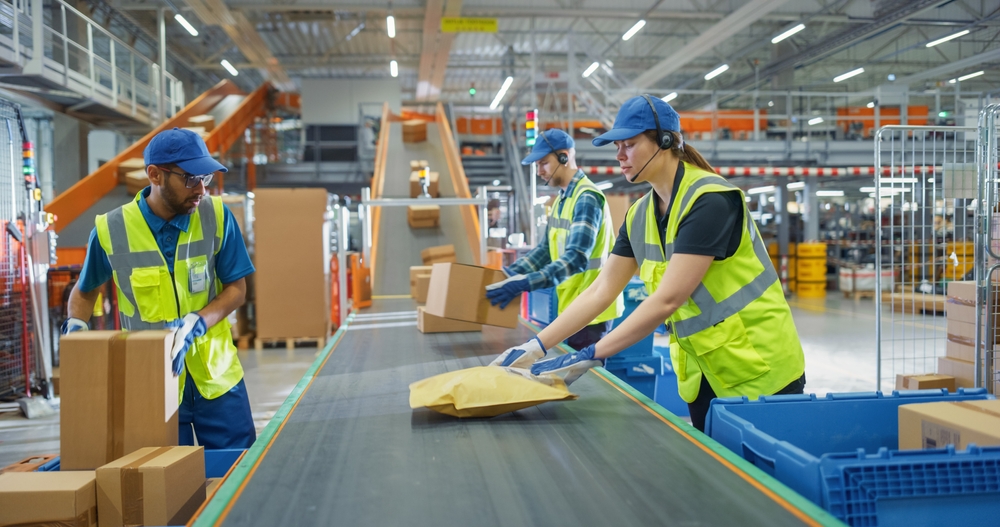 Female and Male Employees Sorting and Loading Parcels, Packages, Cardboard Boxes on a Conveyor Belt in a Postal Office or Retail Shop Warehouse Facility, Ensuring Smooth Logistics Operations _id2617987709