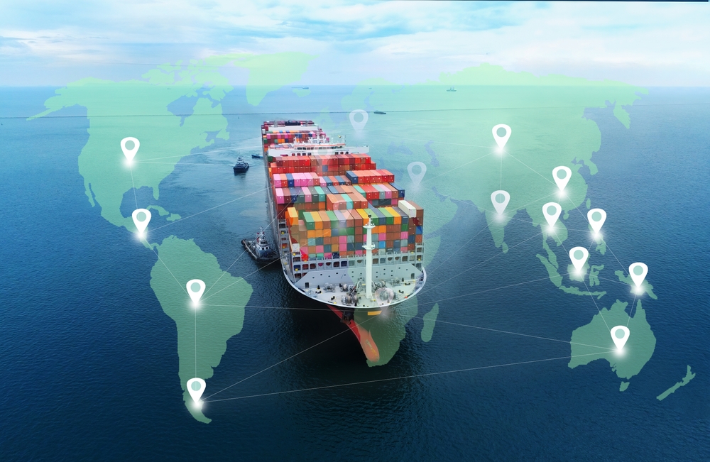 Aerial top view containers ship cargo business commercial logistic and transportation international import export by container freight cargo ship in the open seaport show ocean network on map._id2178094889