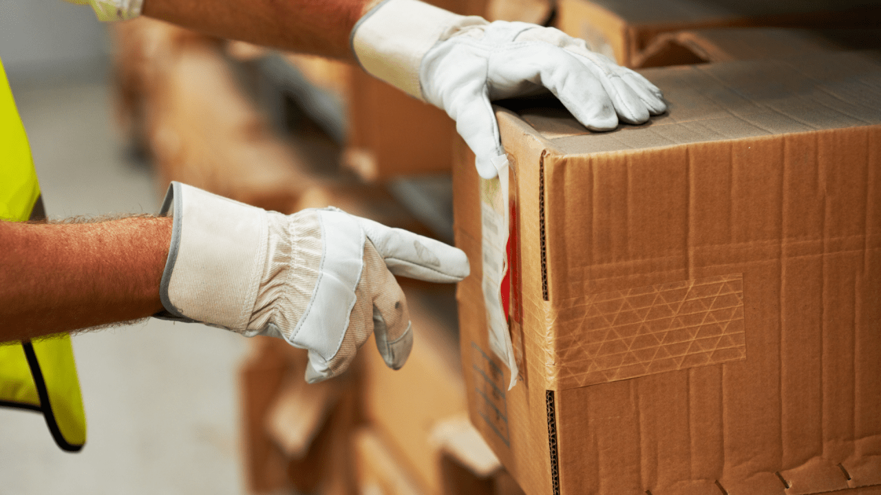 Two gloved hands point out a label on a cardboard box in a warehouse