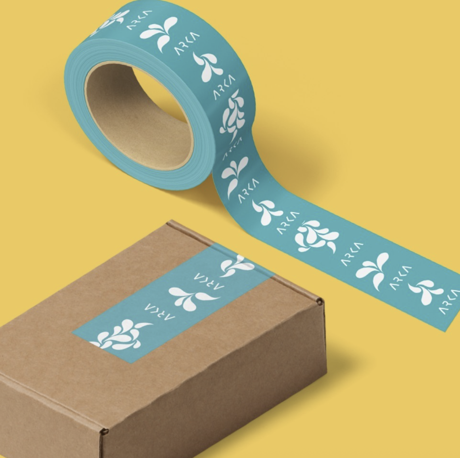 Customized packing tape from Arka wrapped around a brown cardboard package 