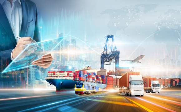 Supply chain elements such as a plane and cargo freight with a man using a clipboard in the background.