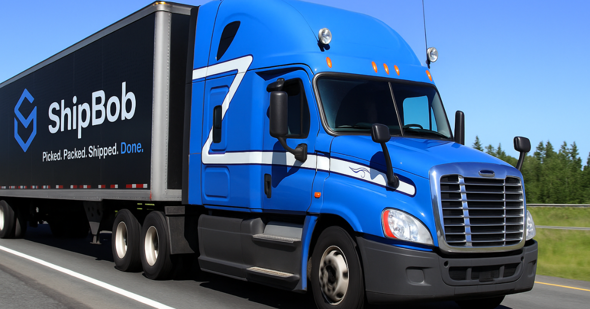 Carrier truck with ShipBob logo and the slogan "Pick. Pack. Ship. Done." on the road. 