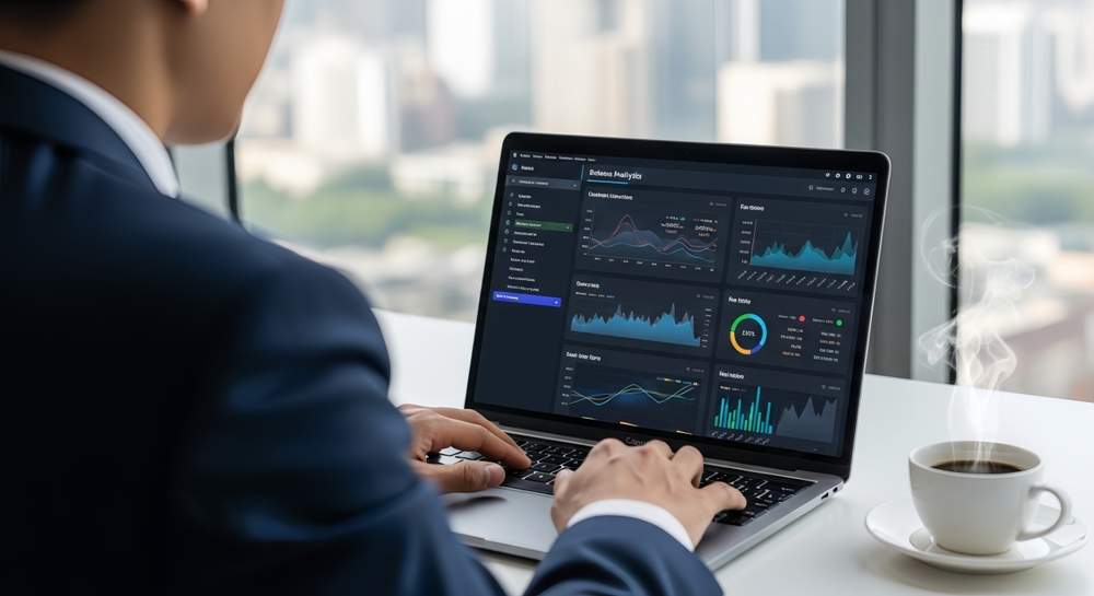 Businessman Working on Laptop with Data Analytics Dashboard in Modern Office Meeting Room_id2685683965