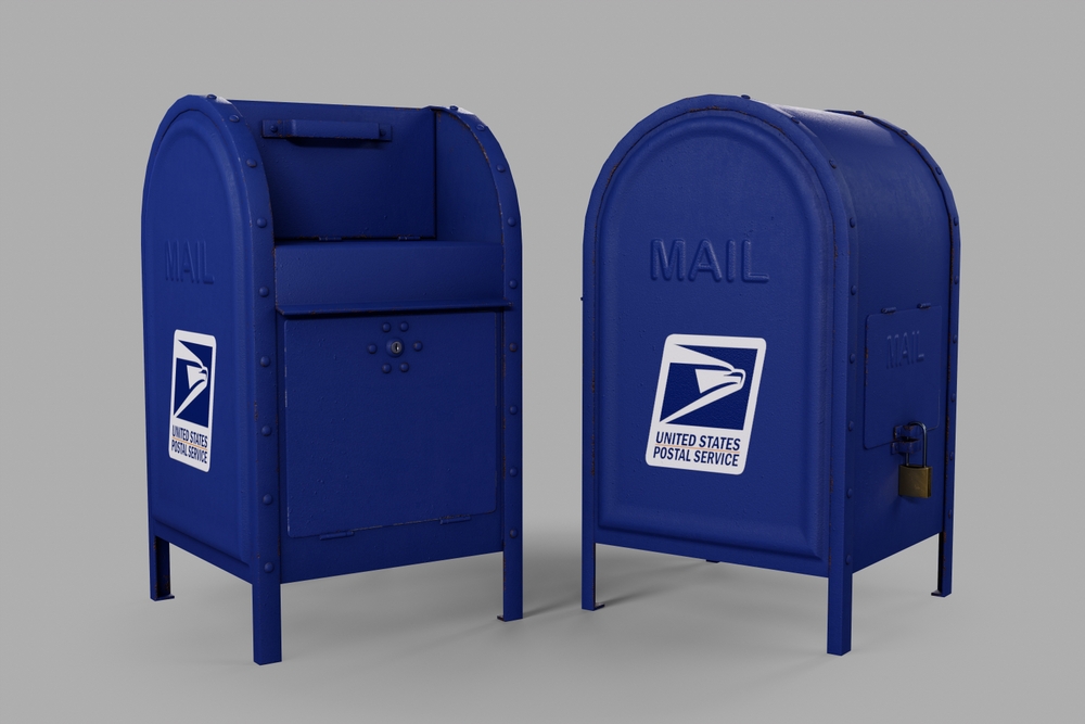 Mail box postal service blue equipament send post letter box 3d rendering_id2162456693