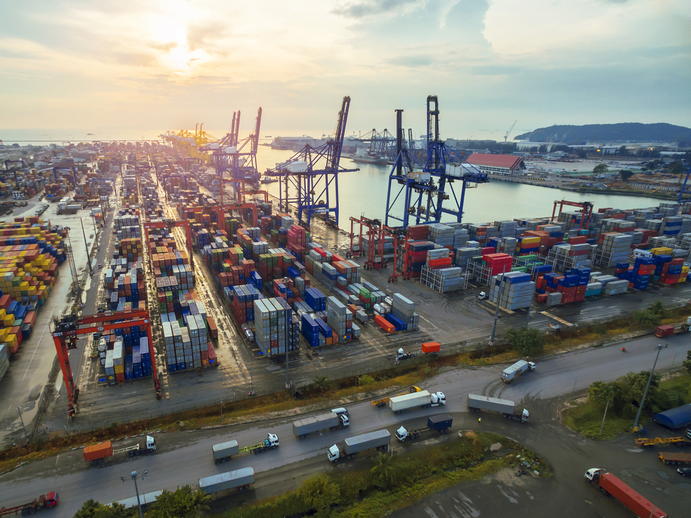 Aerial view of cargo ship, cargo container in warehouse harbor at thailand_id534173236