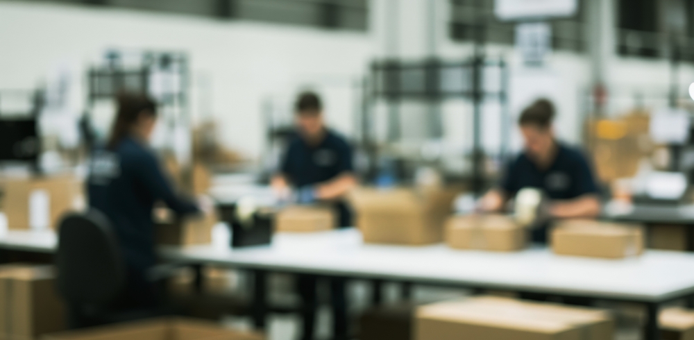 People working at tables packing boxes in a warehouse or factory_id2647855909