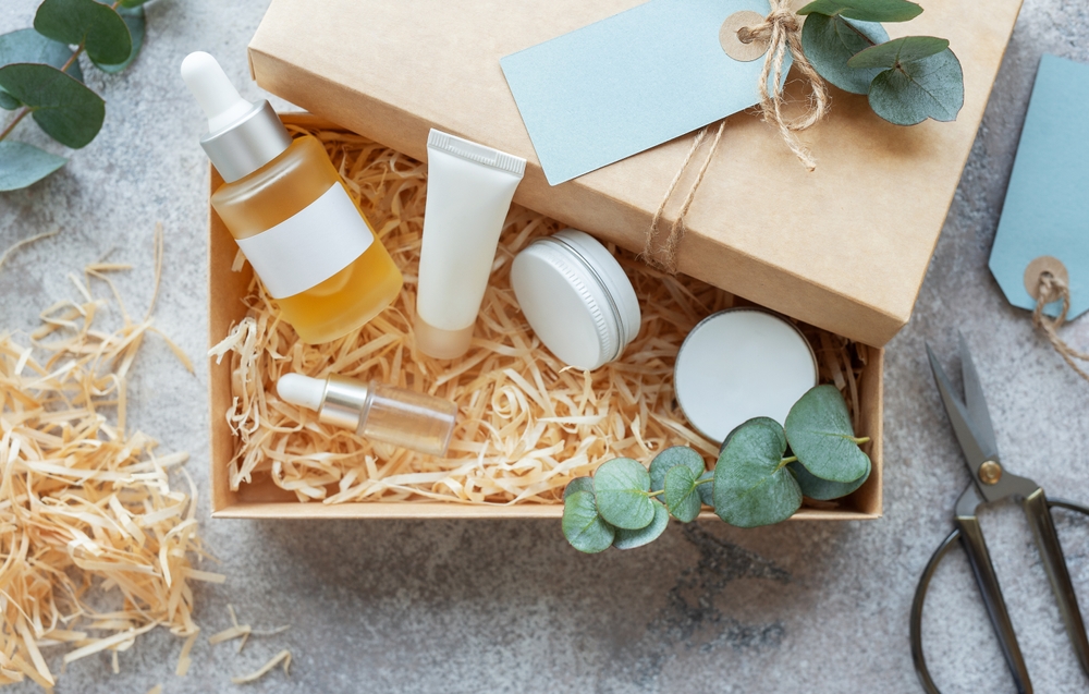 A shipping box with beauty products bundled inside.