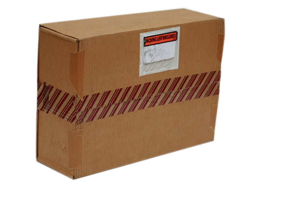 Parcel with a plastic compartment for a packing slip on the outside