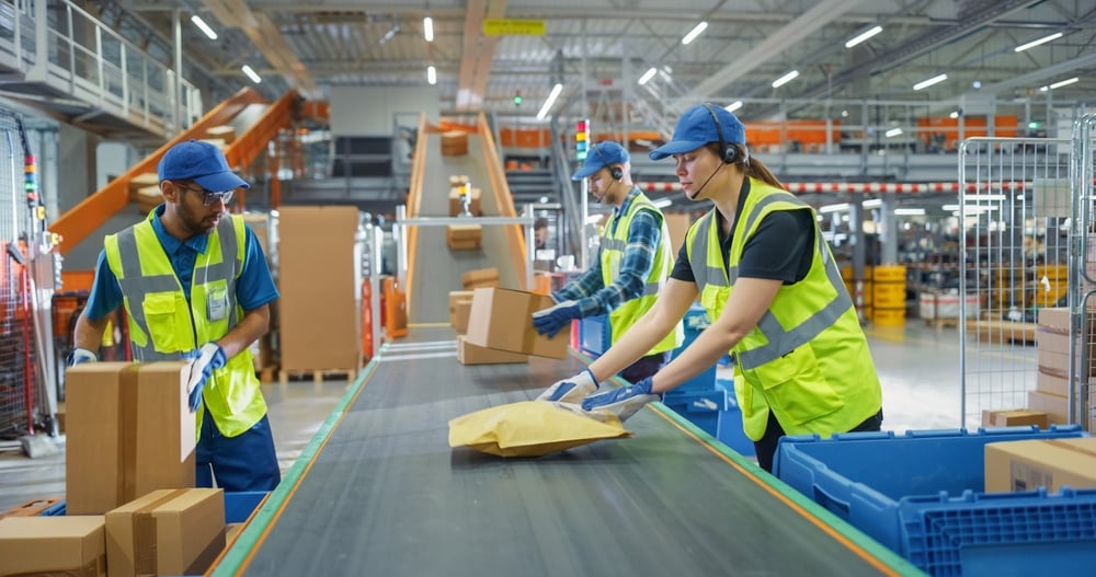 Female and Male Employees Sorting and Loading Parcels, Packages, Cardboard Boxes on a Conveyor Belt in a Postal Office or Retail Shop Warehouse Facility, Ensuring Smooth Logistics Operations _id2617987709