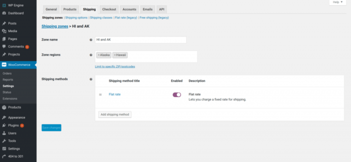 4. WordPress WooCommerce Settings to set up shipping zones