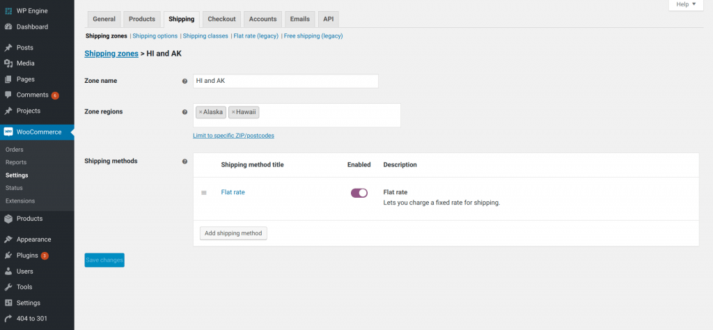 4. WordPress WooCommerce Settings to set up shipping zones
