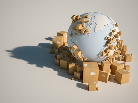 3D rendering of the earth surrounded by cardbox boxes_id1297125475