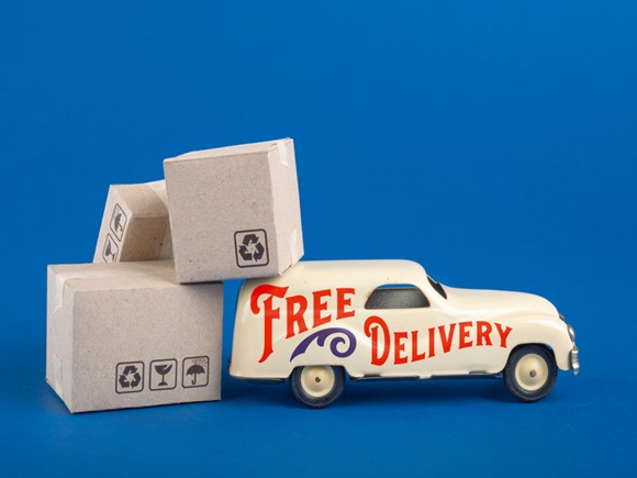 Free delivery van, vintage toy truck with cardboard boxes. Shipping concept_id1418290481