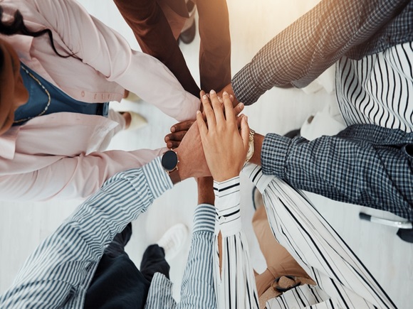 Stack of hands, support and business people in office with teamwork, collaboration or unity. Trust, top view and group of corporate employees in huddle for solidarity, motivation or meeting together. _id2649580863