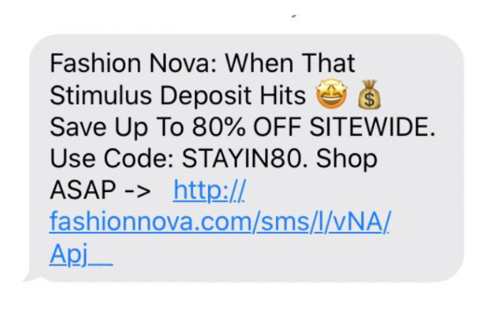 Fashion Nova's text about spending your COVID-19 stimulus check on apparel