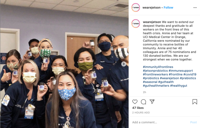 Jetson donating probiotics to healthcare workers during coronavirus pandmic