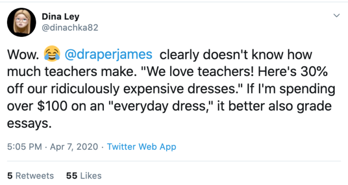 Tweet about Draper James free dresses for teachers during the coronavirus