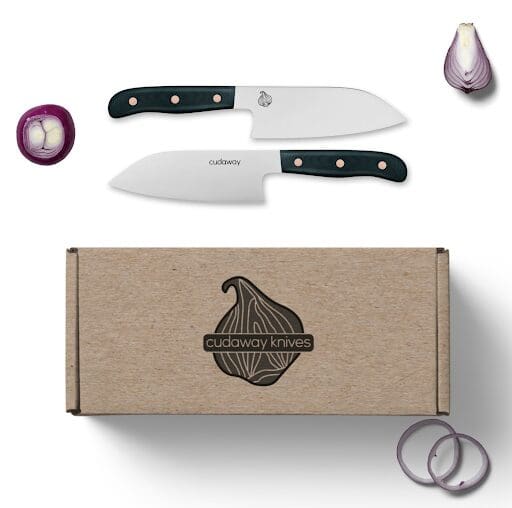A Cutaway Knives box with the company's logo on it, as well as two of the company's knives above it
