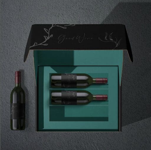 Two wine bottles inside a custom printed box, held in place by a special insert